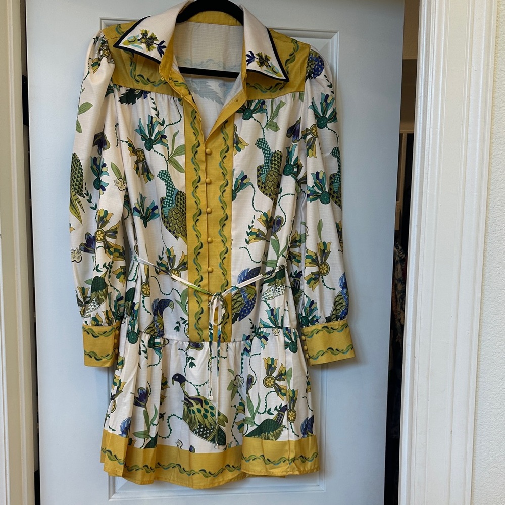 Floral Print Tie-Waist Shirt Dress in Mustard and Cream